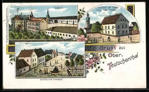 Lithographie Ober-Teutschenthal, Gasthof zur Linde, Inh. Otto Schärf, Strasse nach Schraplau, Schloss