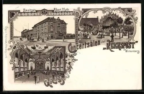 AK Wittenberg, Konzertsäle der Reichspost, Besitzer Albert Muth, Aussen- u. Innenansicht