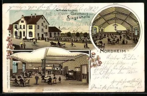 Lithographie Nordheim, Gasthaus zur Siegeshalle, Aussenansicht, Wirtschaftshalle