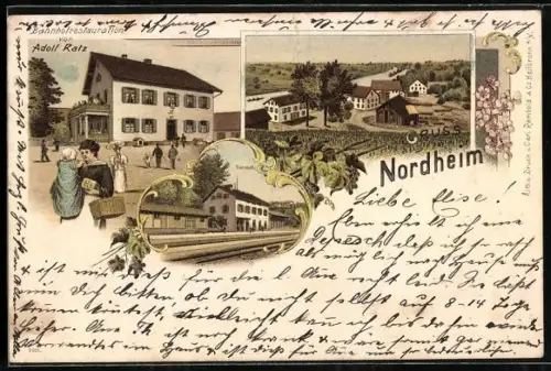 Lithographie Nordheim, Bahnhofsrestaurant von Adolf Ratz, Bahnhof