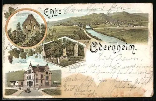Lithographie Odernheim /Glan, Abteiruine auf dem Dissibodenberg, Bahnhofsgebäude, Ortsansicht am Fluss