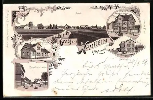 Lithographie Nauheim b. Mainz, Gasthaus zum Deutschen Kaiser, Bahnhof, Bahnhofstrasse