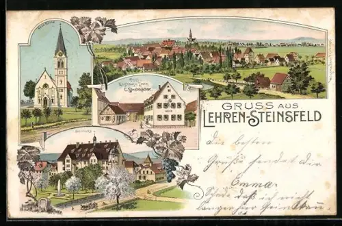 Lithographie Lehren-Steinsfeld, Gasthaus z. Stern, C. Strohhäcker, Schloss, Neue Kirche, Ortsansicht