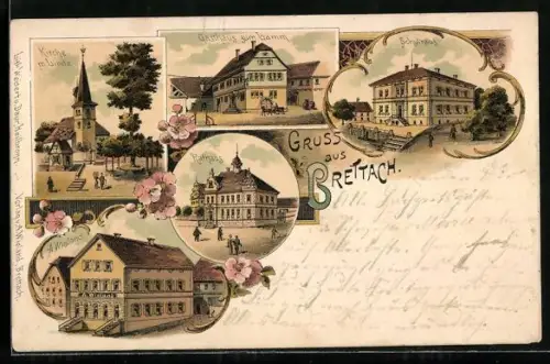 Lithographie Brettach, Kirche mit Linde, Rathaus, Schule, Gasthaus Wieland