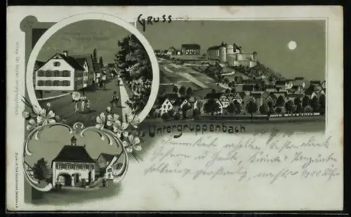 Mondschein-AK Untergruppenbach, Gasthaus zum Hirsch, Bes. Christoph Güssler, Rathaus, Ortsansicht