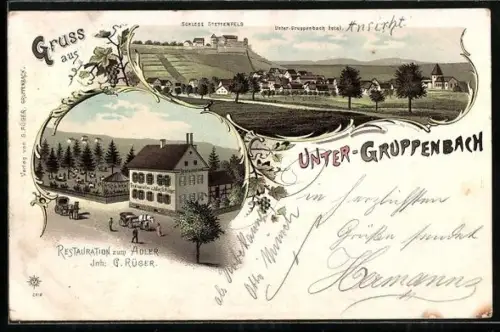 Lithographie Unter-Gruppenbach, Restaurant zum Adler, Inh. G. Rüger, Schloss Stettenfels, Totalansicht des Ortes