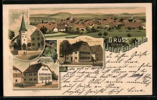Lithographie Unter-Eisesheim, Gasthaus Traube v. Friedrich Rolf, Rathaus, Kirche mit Pfarrhaus