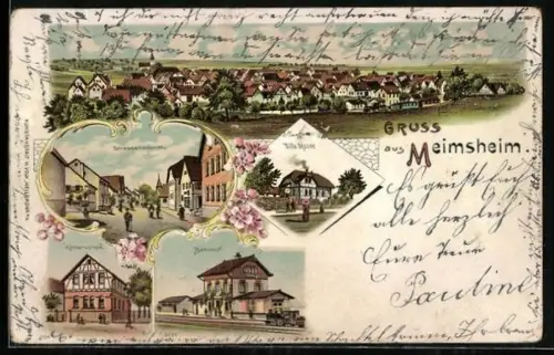 Lithographie Meimsheim, Villa Moser, Bahnhof, Kinderschule, Strassenansicht