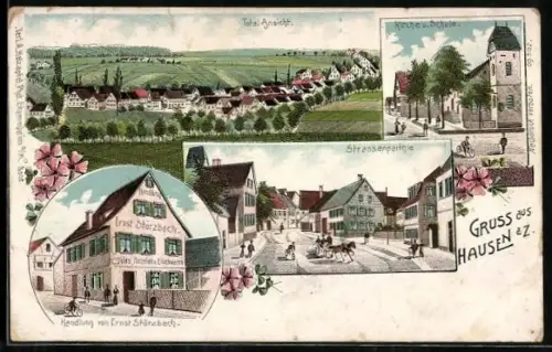 AK Hausen a. Z., Handlung von Ernst Störzbach, Kirche und Schule, Strassenpartie