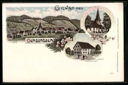 Lithographie Ochsenbach bei Sachsenheim, Gasthaus zur Eintracht v. Schassberger, Kirche, Ortsansicht