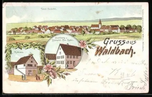 Lithographie Waldbach, Handlung u. Bäckerei Chr. Kuhn, Rathaus, Totalansicht des Ortes