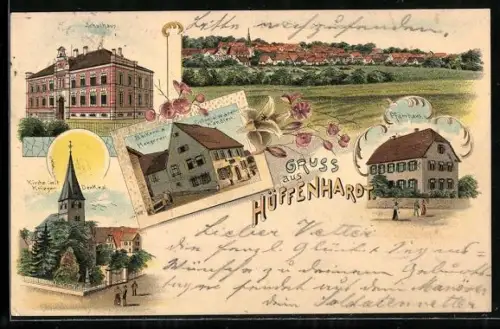 Lithographie Hüffenhardt, Bäckerei und Kolonialwarenhandlung Hengerer, Pfarrhaus, Schulhaus, Kirche mit Kriegerdenkmal
