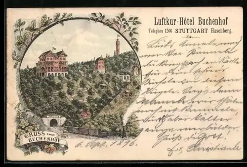 AK Stuttgart, Luftkur-Hotel Buchenhof, Ansicht mit Eisenbahntunnel