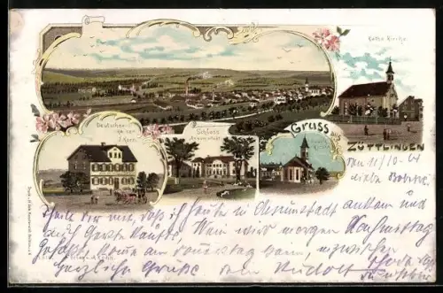 AK Züttlingen, Gasthaus Deutscher Kaiser, Katholische Kirche, Evangel. Kirche, Totalansicht des Ortes
