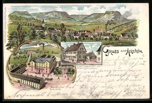 Lithographie Holzheim, Mauz`sche Brauerei, Zigarrengeschäft von Eugen Jennewein, Teilansicht