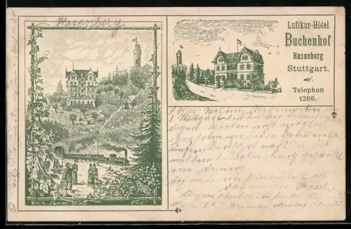 Vorläufer-AK Stuttgart-Hasenberg, 1893, Hotel Buchenhof mit Umgebung und Eisenbahn