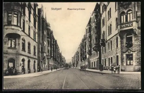 AK Stuttgart, Partie in der Rosenbergstrasse mit Strassenbahn