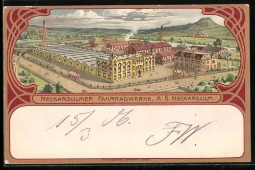 Lithographie Neckarsulm, Fahrradwerke der A.G. Neckarsulm mit Umgebung