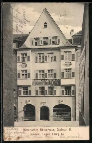AK Stuttgart, Historisches Bäckerhaus in der Steinstrasse 9, Inh. Eugen Stiegler