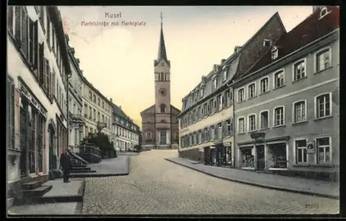 AK Kusel, Marktstrasse mit Marktplatz und Kirche