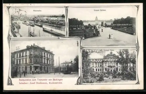 AK Karlsruhe, Restaurant zum Trompeter von Säckingen mit Strassenbahn, Inh. Josef Neukamm, Grossherzogliches Schloss