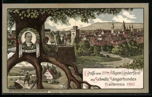 Lithographie Heilbronn, 29. Allgemeines Liederfest des Schwäbischen Sängerbundes 1910 mit Portrait von Fr. Silcher