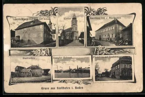 AK Stollhofen i. Baden, Gasthaus z. Pflug, Inh. Adolf Schuh, Kirche, Handlung von J. Buschmann