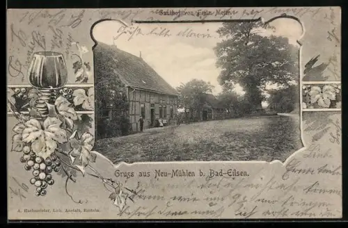 AK Bad-Eilsen, Gasthof Neu-Mühlen von Fritz Meier, Weinglas und Trauben im Passepartout