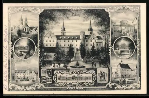 AK Oehringen, Schloss mit Gartenanlagen, Marktplatz und Rathaus