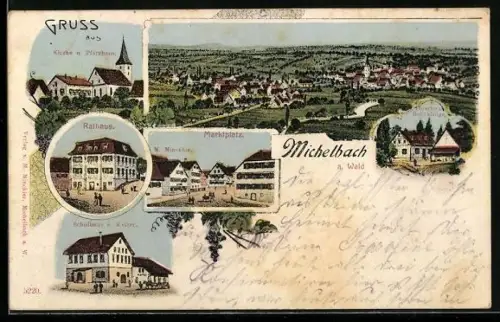 AK Michelbach a. Wald, Totalansicht, Forsthaus Rohrklinge, Kirche, Rathaus und Marktplatz