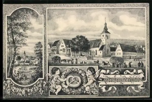 AK Bretzfeld, Ortsansicht mit Kirche, Engel mit Brezel