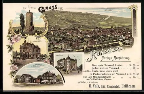 Lithographie Künzelsau, Bahnhof m. Restaurant, Gesamtansicht, Wartturm, K. Postamt, Seminar