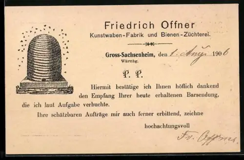 AK Gross-Sachsenheim /Württbg., Korrespondenzkarte der Imkerei Friedrich Offner