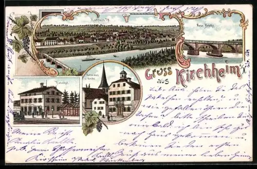 Lithographie Kirchheim / Neckar, Rathaus und Kirche, Bahnhof, Neue Brücke