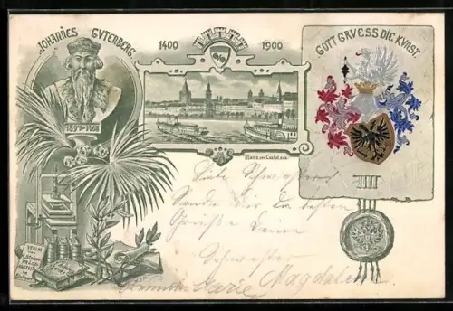 AK Mainz, Büste von Johannes Gutenberg, Stadtwappen und Teilansicht vom Castel gesehen