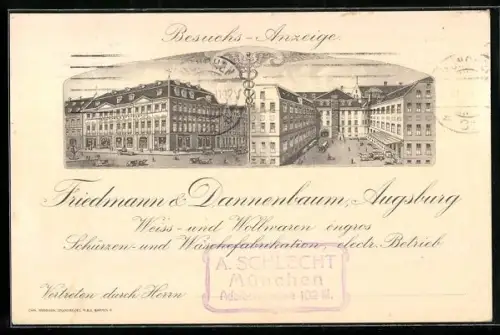 AK Augsburg, Besuchs-Anzeige bei Friedmann & Damenbaum, Geschäft für Weiss- und Wollwaren