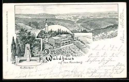 Lithographie Stuttgart, Restaurant Waldhaus auf dem Hasenberg mit Umgebung und Hauffdenkmal