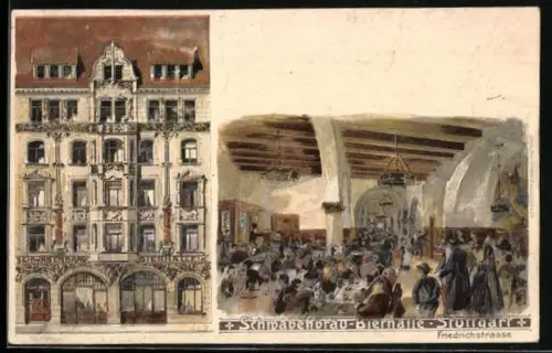 Lithographie Stuttgart, Gasthaus Schwabenbräu-Bierhalle, Friedrichstrasse