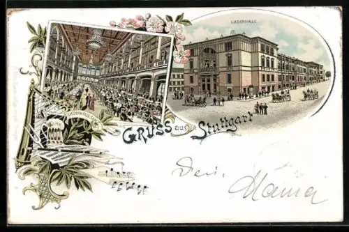 Lithographie Stuttgart, Innen- und Aussenansicht der Liederhalle