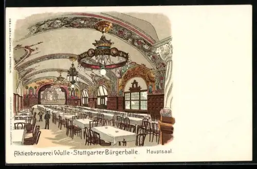 Lithographie Stuttgart, Hauptsaal der Bürgerhalle, Aktienbrauerei Wulle