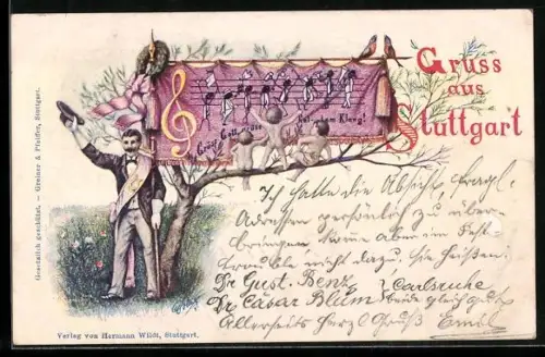 AK Stuttgart, Mann mit Schärpe zum Sängerfest mit Kindern, die auf einem Ast sitzen