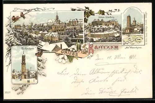 Winter-Lithographie Bautzen, Totalansicht, Schloss Ortenburg, Alte Wasserkunst und Reichenthurm