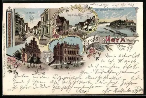 Lithographie Hoya a. Weser, Deichstrasse, Schule, Post und Langestrasse
