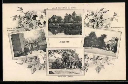 AK Bassum, Partie bei der Wassermühle, Abtei des Stiftes u. Kirche, Breunerstrasse, Unter den Linden