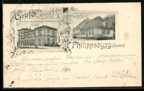 AK Philippsburg /Baden, Bahnhof und Gasthaus zum Einhorn