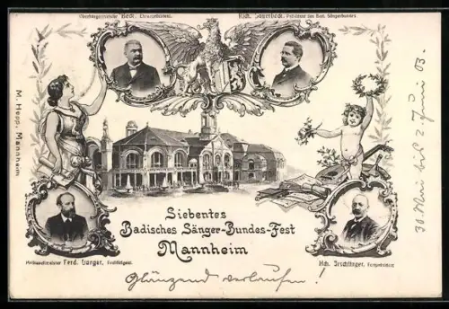 AK Mannheim, Siebentes Badisches Sänger-Bundes-Fest 1903, mit Portraits vom Kapellmeister und Oberbürgermeister