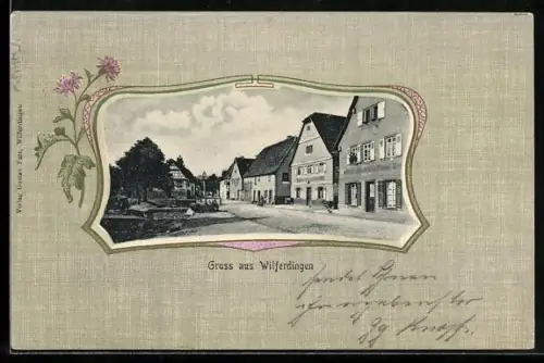 AK Wilferdingen, Strassenpartie mit Blumen im Passepartout