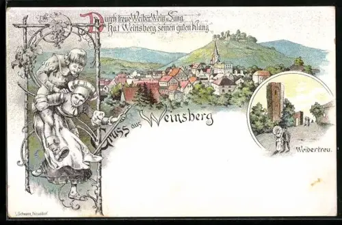 Lithographie Weinsberg, Ortsansicht mit Blick zur Burgruine Weibertreu
