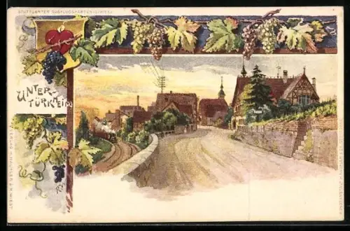 Lithographie Untertürkheim, Strassenpartie zum Ort