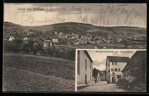 AK Schnait, Kriegerdenkmal mit Silcherhaus und Totalansicht mit Umgebung